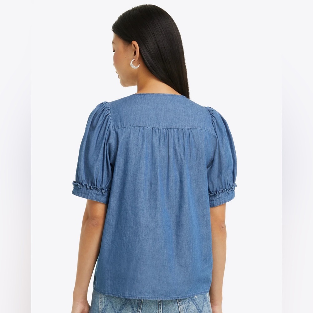Draper James Heidi V-Neck Chambray Denim Puff Sleeve Top L - Picture 2 of 8